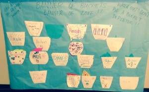 The bucket is a metaphor for our hearts,because our hearts need to be filled like buckets Mrs. Medina had her Bible class students pick a name of another student in the class. The person who's name was picked didn't know who had their rain drop to put in their bucket. So they eventually found out who had their name. The students wrote compliments on the raindrops to the person they picked. We are wondering what you do at your schools to make people feel loved and happy?